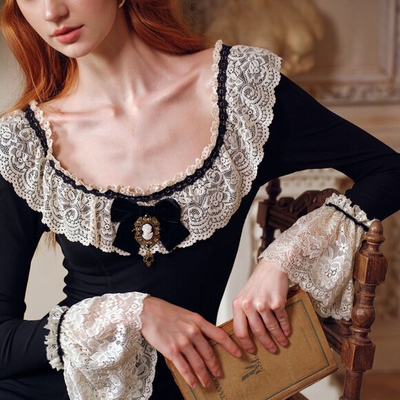 Gothic Victorian Lace Collar Maxi Dress - Picture 1 of 8